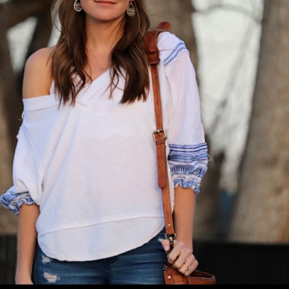 Free People Bohemian Sundae Swing Embroidered Waffle Peasant Blouse Top size L
